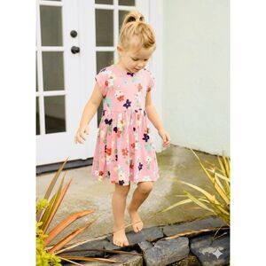Hanna Andersson Girls 7/8 (130) Pink Peach Floral Everyday Knit Pocket Dress